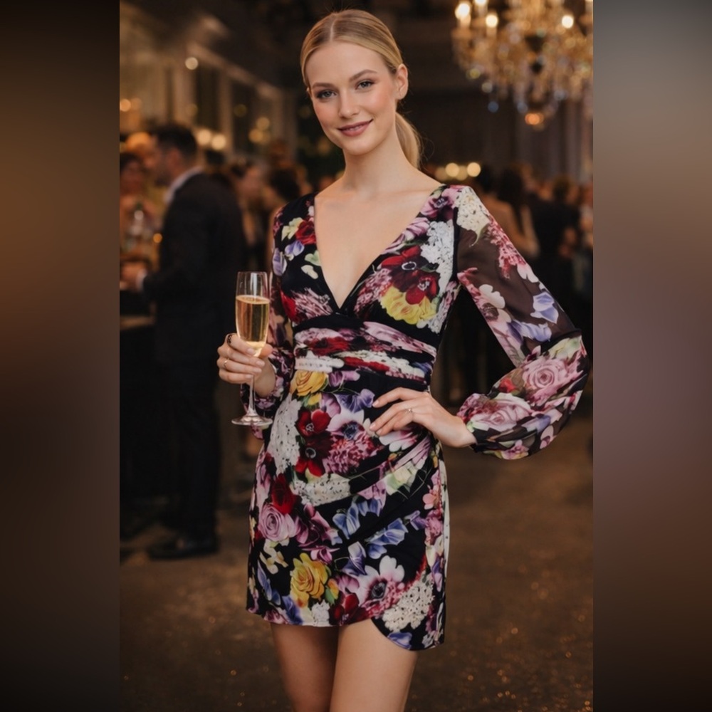 NWT IEENA for Mac Duggal Puff Sleeves Floral Chiffon Mini Dress size 10